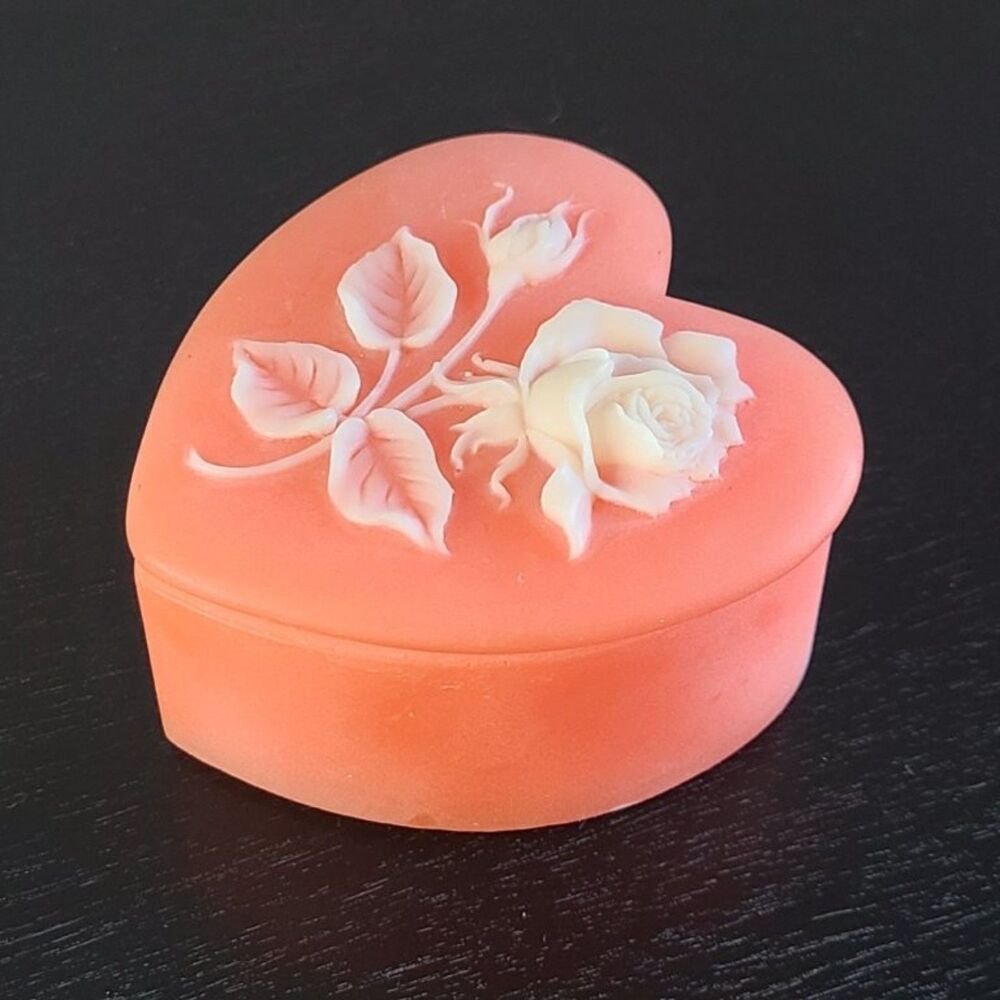 Vintage Soapstone Heart Trinket Box Carved Rose Floral Pink Stone Jewelry Dish